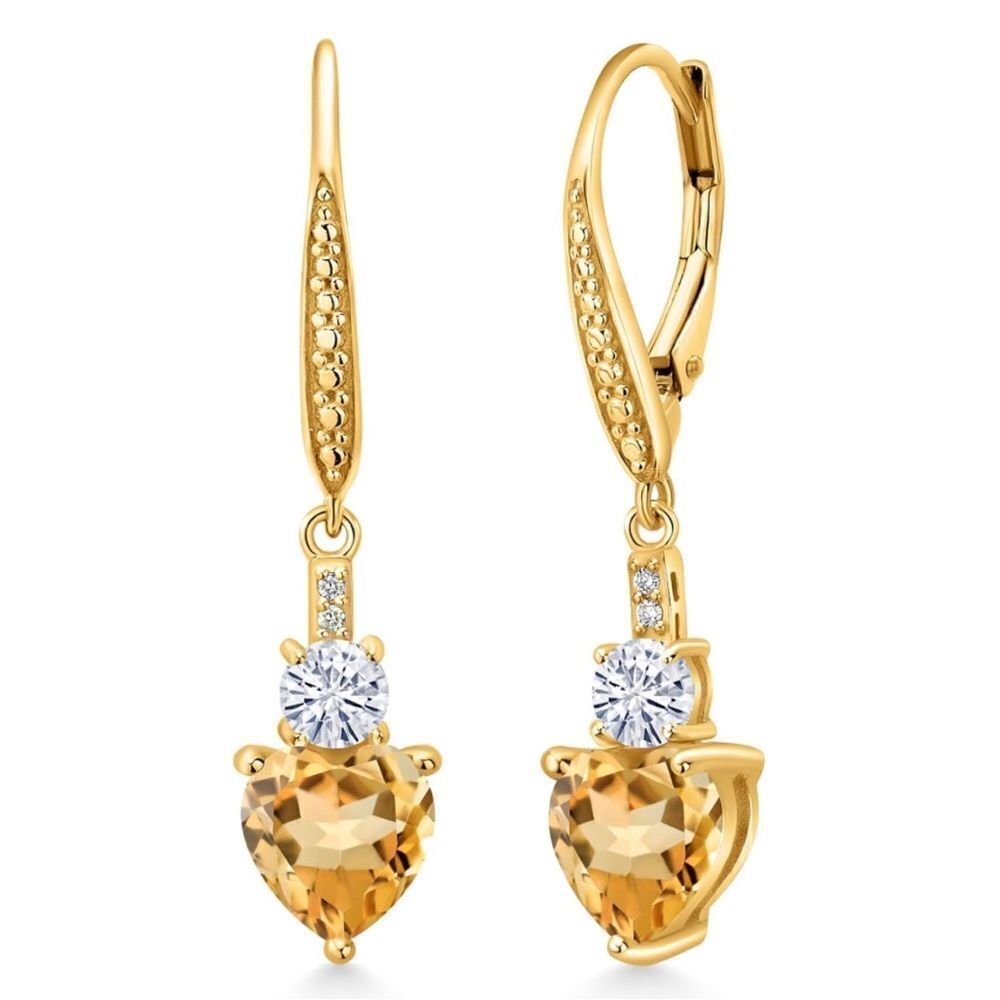 18K Yellow Gold with 2.49 Cttw Yellow Citrine and Moissanite Heart Drop Earrings